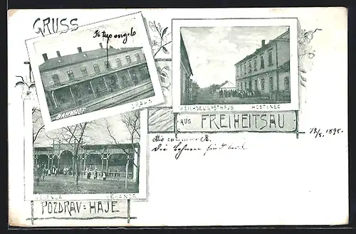 AK Freiheitsau, Weichselgasthaus, Bahnhof und Veranda