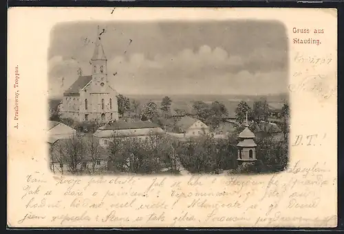 AK Stauding, Teilansicht mit Kirche aus der Vogelschau