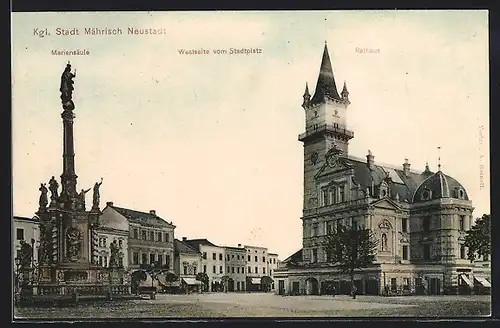 AK Mährisch-Neustadt, Stadtplatz mit Mariensäule und Rathaus