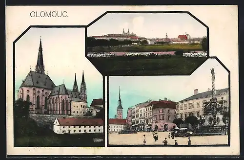 AK Olmütz, Ansicht der Kirche, Hauptplatz mit Dreifaltigkeitssäule