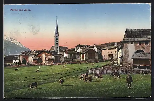 AK Zuoz, Dorfpartie mit Kirche