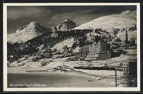 AK St. Moritz-Dorf, Ortsansicht mit Bahnhof