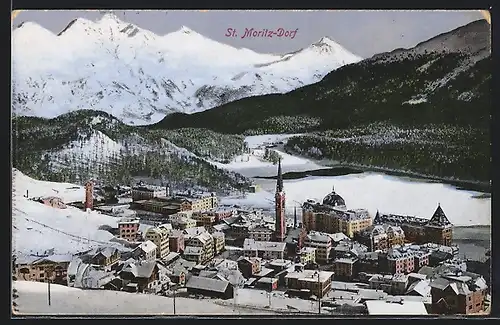 AK St. Moritz-Dorf, Ort mit Kirche im Winter