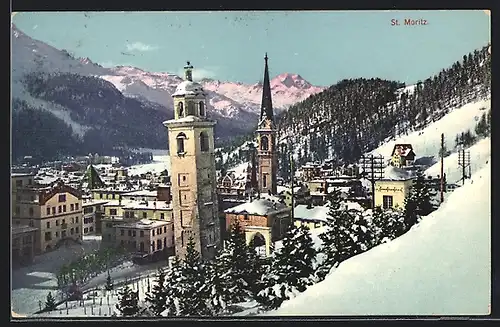 AK St. Moritz, Blick auf die Kirche im Schnee