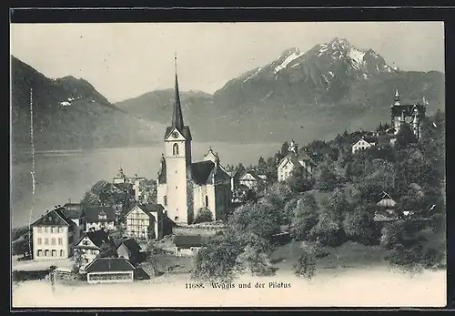 AK Weggis, Teilansicht mit Kirche und Pilatus