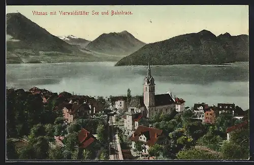 AK Vitznau, Teilansicht mit Vierwaldstätter See und Bahntrace