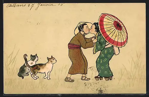 Künstler-AK Japanerin mit Kimono und Schirm küsst von Katzen beobachtet einen Mann