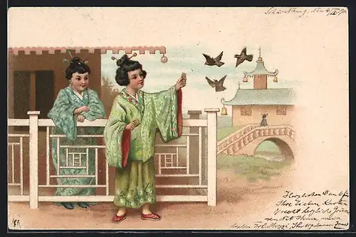 Lithographie Kleine Japanerinnen in Tracht, Geishas