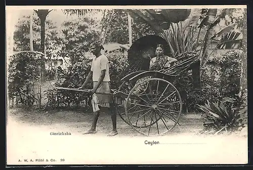 AK Sri Lanka, Ginricksha, Frau mit Schirm in einer Rikscha