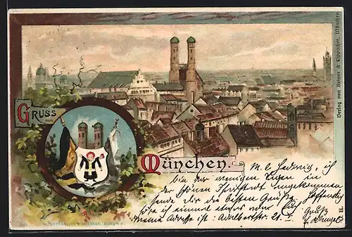 Lithographie München, Totalansicht mit Frauenkirche, Wappen