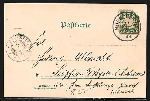 Lithographie München, Totalansicht mit Frauenkirche, Wappen