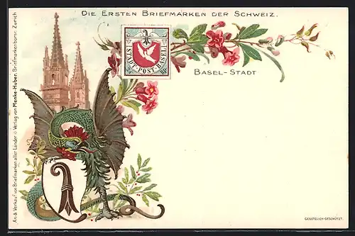 Lithographie Basel-Stadt, Die ersten Briefmarken der Schweiz, Wappen, Drachen