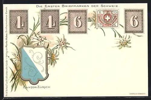 AK Ersten Briefmarken der Schweiz, Wappen des Kanton Zürich, Edelweiss