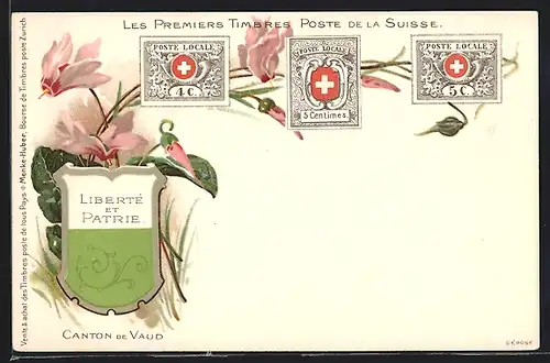 Lithographie Les Premiers Timbres Poste de la Suisse, Canton de Vaud, Wappen, Alpenveilchen