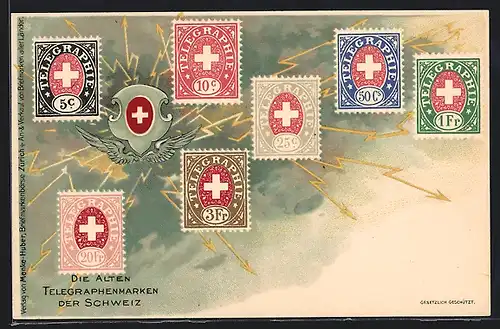 Lithographie Die alten Telegraphenmarken der Schweiz, Briefmarken und Wappen