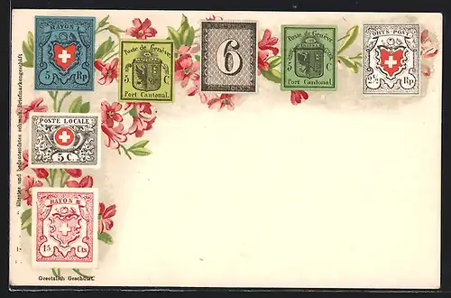 Lithographie verschiedene Briefmarken der Schweiz