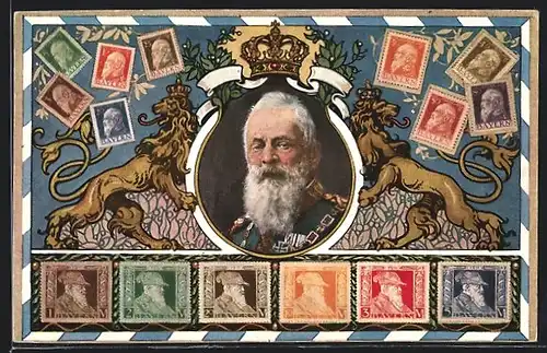 AK Porträt Prinzregent Luitpold, Briefmarken