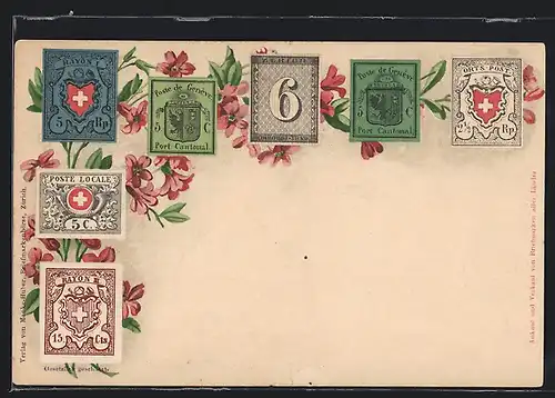 Lithographie verschiedene Briefmarken der Schweiz