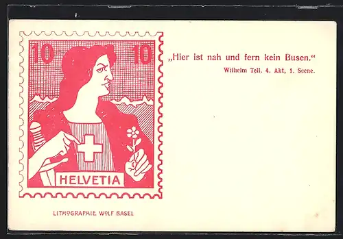 Lithographie Schweizer Briefmarke, Lithografie von Wolf Basel - Frau mit Degen und Blume