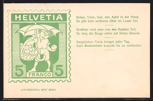 Lithographie Schweizer Briefmarke, Lithografie von Wolf Basel - Kind beim Äpfel sammeln