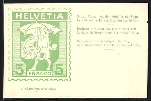 Lithographie Schweizer Briefmarke, Lithografie von Wolf Basel - Kind beim Äpfel sammeln