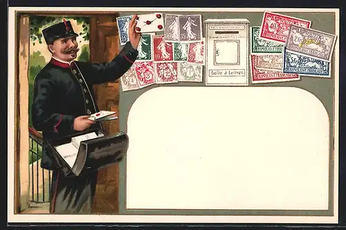 Lithographie Briefträger bei der Arbeit, Briefmarken