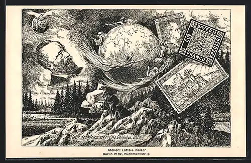 AK Berlin, Briefmarken-Ausstellung 1924, Motiv des Weltpostvereins Denkmal in Bern, versch. Briefmarken