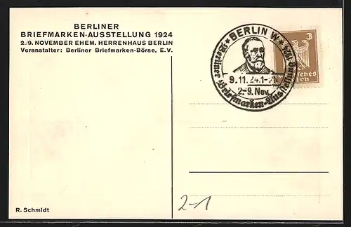 AK Berlin, Briefmarken-Ausstellung 1924, Motiv des Weltpostvereins Denkmal in Bern, versch. Briefmarken