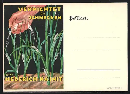 AK Reklame f. Schneckenvertilgungsmittel Hederich-Kainit, Hand sträut Hederich-Kainit über Feldpflanzen aus