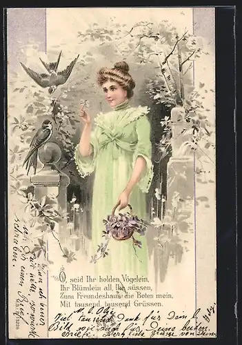 Künstler-AK Junge Frau im grünen Kleid reicht Vögeln eine Blume, Jugendstil