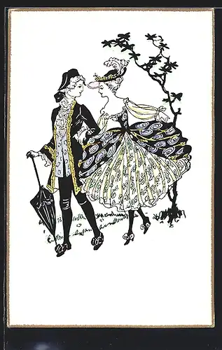 Künstler-AK Elegantes Paar spaziert im Garten, Jugendstil