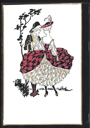 Künstler-AK Elegantes Paar in edlen Klamotten, Jugendstil