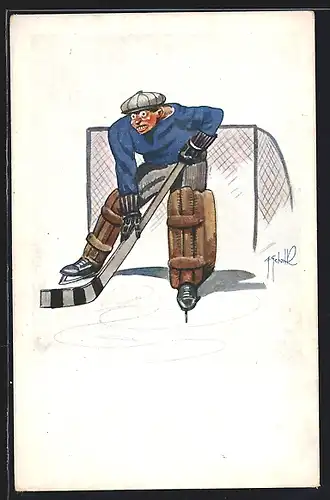 Künstler-AK Eishockey, Goalie, Torhüter