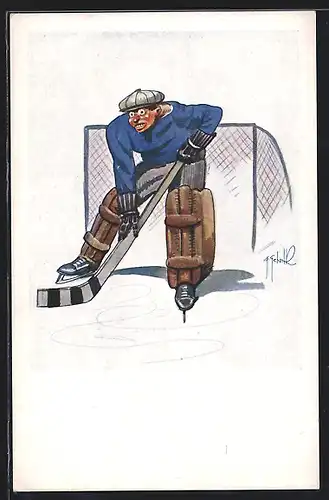 Künstler-AK Eishockey, Goalie, Torhüter