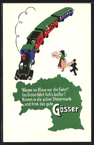 AK Brauerei-Werbung für Gösser Bier, Warum ins Blaue nur die Fahrt?..., Wirtin vor Eisenbahn Göss-Leoben