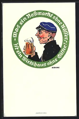 Künstler-AK Biertrinker mit blauer Schirmmütze - Brauerei-Werbung Gösser