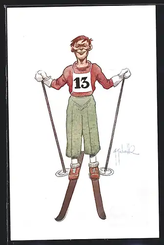 Künstler-AK Skiläufer mit der Startnummer 13