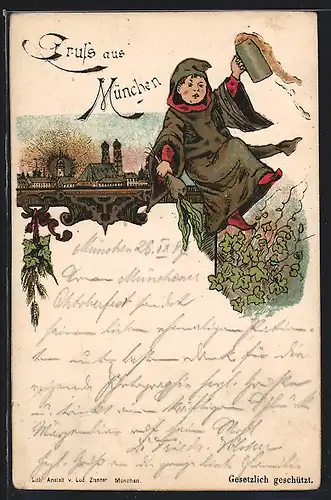 Lithographie München, Münchner Kindl mit Bierkrug, Ortsansicht