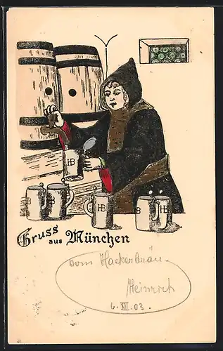Lithographie München, Münchner Kindl zapft Bier in Krüge