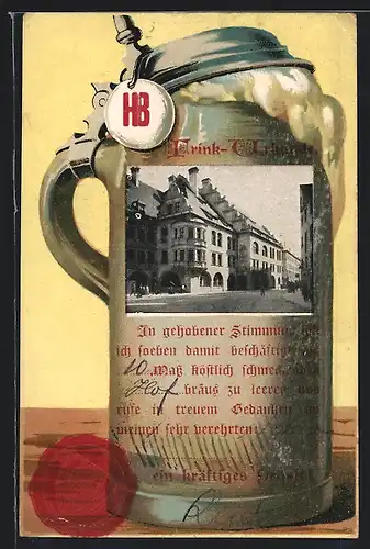 AK München, Hofbräuhaus in einem Bierkrug dargestellt