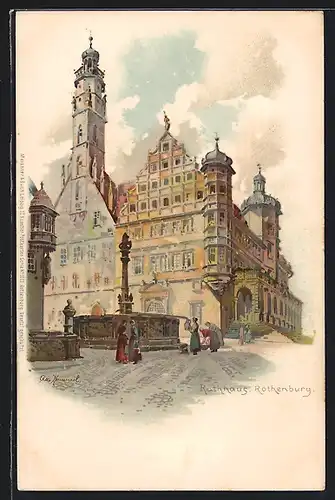 Künstler-AK Otto Hammel: Rothenburg ob der Tauber, Rathaus, Brunnen