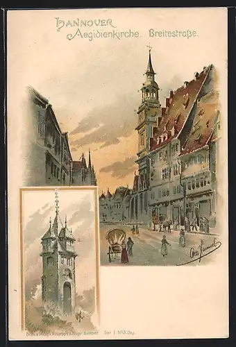 Lithographie Hannover, Aegidienkirche, Breitestrasse