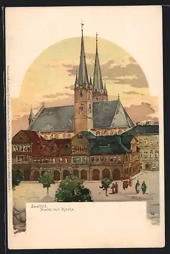 Lithographie Saalfeld, Markt mit Kirche