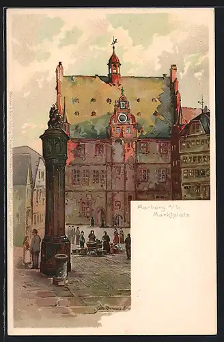 Künstler-AK Otto Hammel: Marburg a. Lahn, Partie am Marktplatz