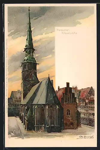 Lithographie Hannover, Kreuzkirche mit Strassen aus der Vogelschau