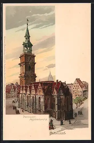 Künstler-Lithographie Otto Hammel: Hannover, Blick zur Aegidienkirche