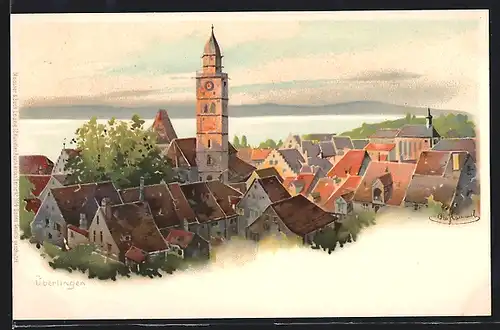Künstler-AK Otto Hammel: Überlingen, Teilansicht mit Wasserblick aus der Vogelschau