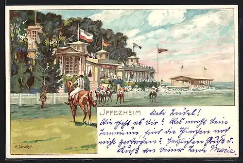 Künstler-Lithographie H. Junker: Iffezheim, Motiv vom Hippodrom