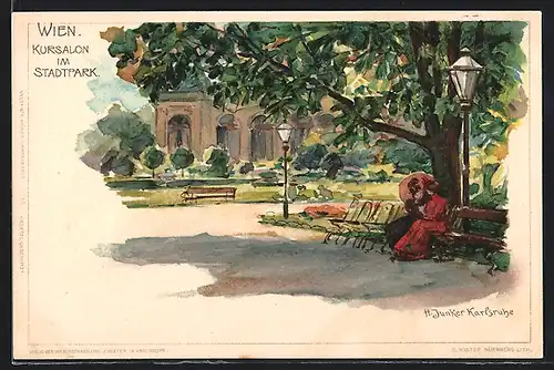 Künstler-Lithographie H. Junker: Wien, Kursalon im Stadtpark