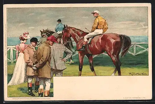 Künstler-AK H. Junker: Zwei Jockeys auf ihren Pferden